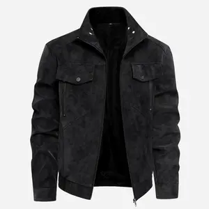 Outdoor Men's Black Distressed Faux Suede Jacket with Snap Button Stand Collar & Utility Pockets Casual Coat