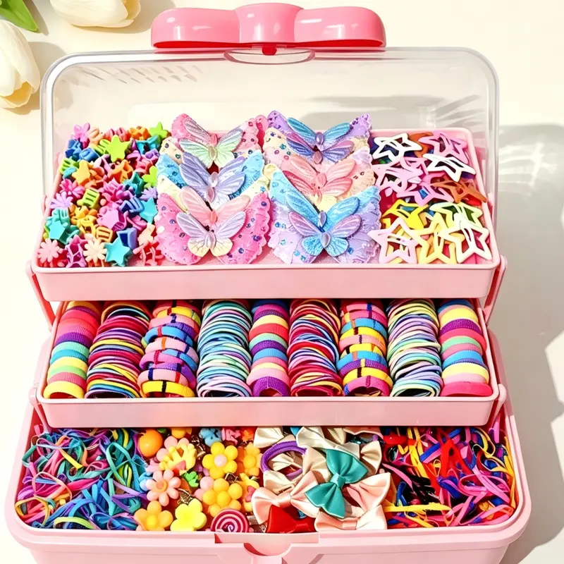 887-Piece/Set Hair Styling Accessory with 3-layer Storage Box Butterfly & Flower Shaped Decor, Hair Clips & Bow Hair Ties for Women Suitable for Birthday & Daily Wear, Holiday Gifts, Versatile Use