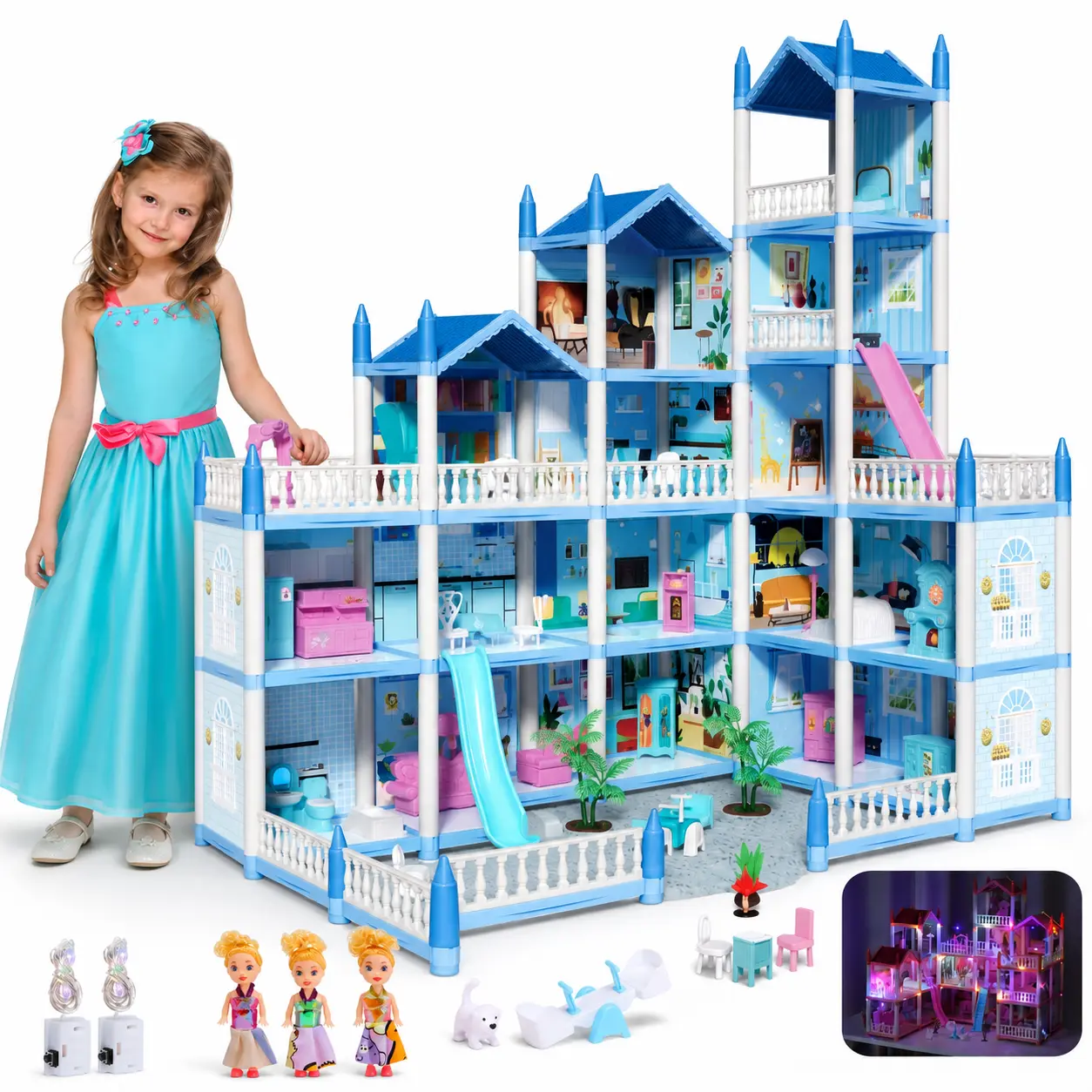 16 Rooms Huge Dollhouse, 10" x 6" x 11" Doll House , Pretend Play Toy House For Girls, House Playset, Party Doll House