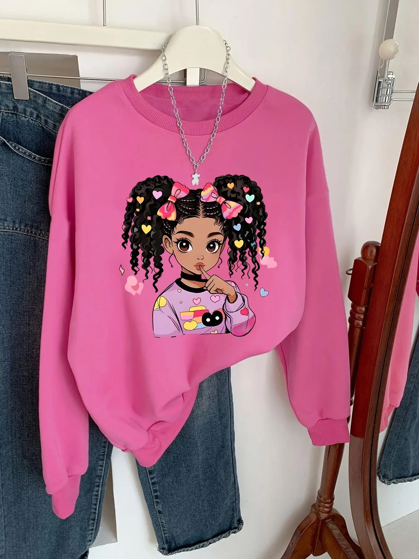 Girl's Cartoon Figure Print Drop Shoulder Sweatshirt, Fashion Casual Long Sleeve Round Neck Pullover for Daily Outdoor Wear, Girls Clothing for Fall &