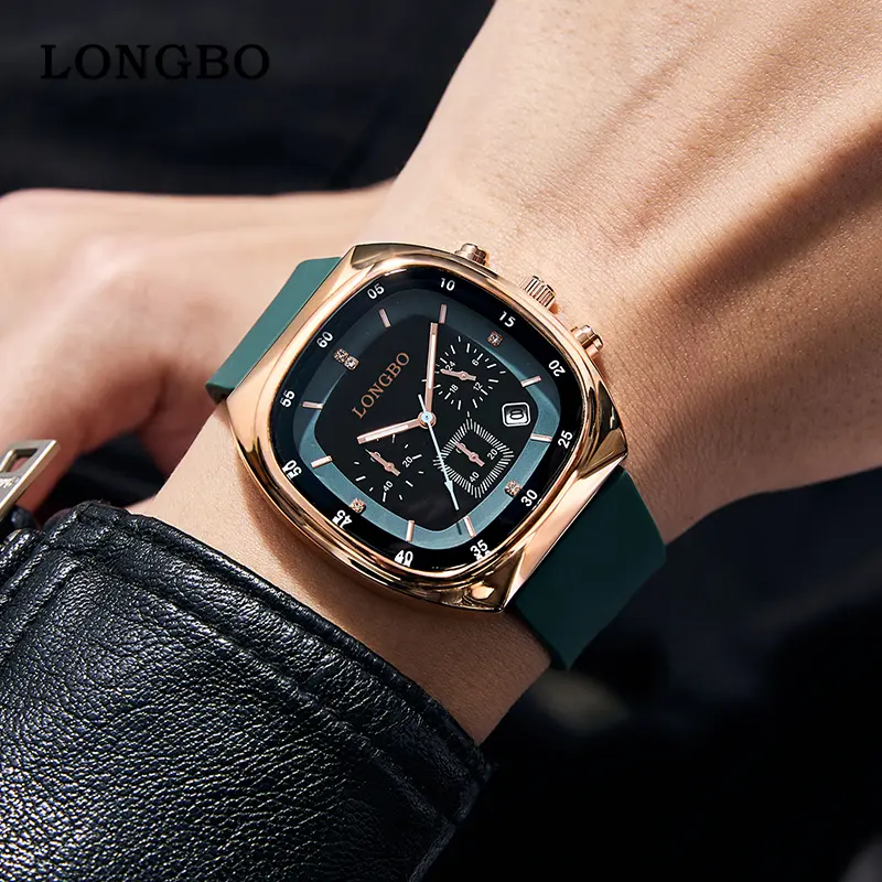 LONGBO Men's Retro Square Quartz Watch - Light Luxury Rose Gold Case, Silicone Strap, Diamond-Tipped Calendar Display, Waterproof Luminous Dial, Fashion Accessories for Business & Leisure Use