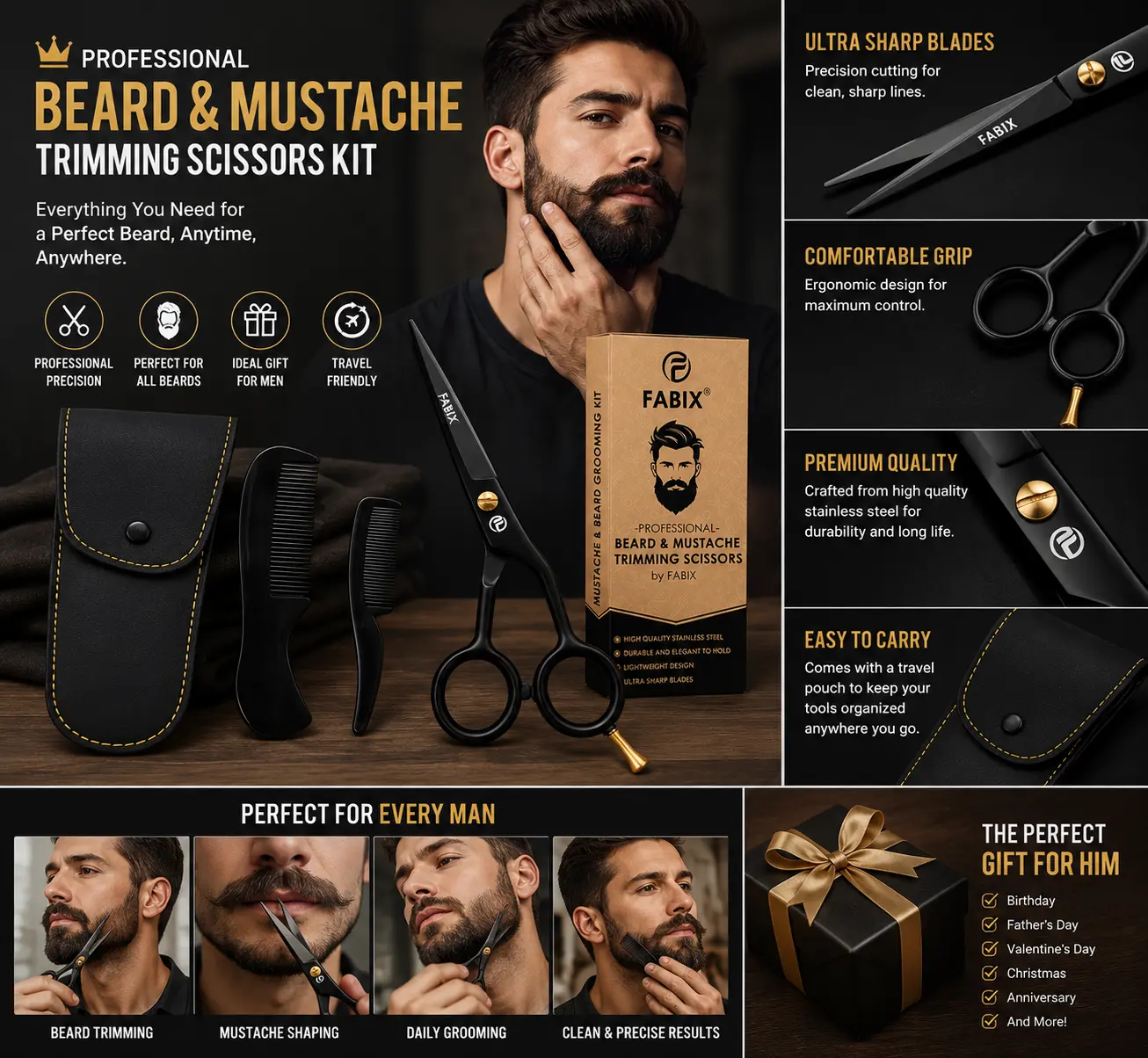 5” Professional Beard Mustache Scissors with 1 Beard Comb, 1 Mustache Comb and Travel Pouch - Perfect Beard Trimming Scissors for All Facial Hair Scissors - Grooming Scissors Fabix
