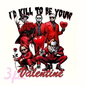 3-Piece Horror Valentine Role Heat Transfer Stickers, DIY Iron-On Patches for T-Shirts, Pillows, Backpacks, Jeans, Multicolor, Durable, Washable