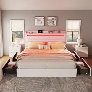 VanAcc Modern Platform Bed with Storage Headboard and 4 Foldable Storage Drawers, Upholstered Headboard with RGBW LED Lights and Charging Station, Soft Linen Fabric Bed Frame, No Box Spring Needed