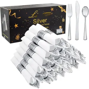 100 Pack  Plastic Silverware-Pre Wrapped cutlery and Napkin-Pre Rolled Silverware Disposable 100 Forks, 100  100 Spoons, 100 Napkins Plastic Utensils&Christmas& Year