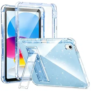 Keruis Case for iPad a16 11th Generation 11-inch & iPad 10th Gen 10.9inch, Shockproof Durable Tablet Cover with Stand, Screen Protective Film, Stylus Slot, Glitter Clear Back Shell, for Kids/Girl