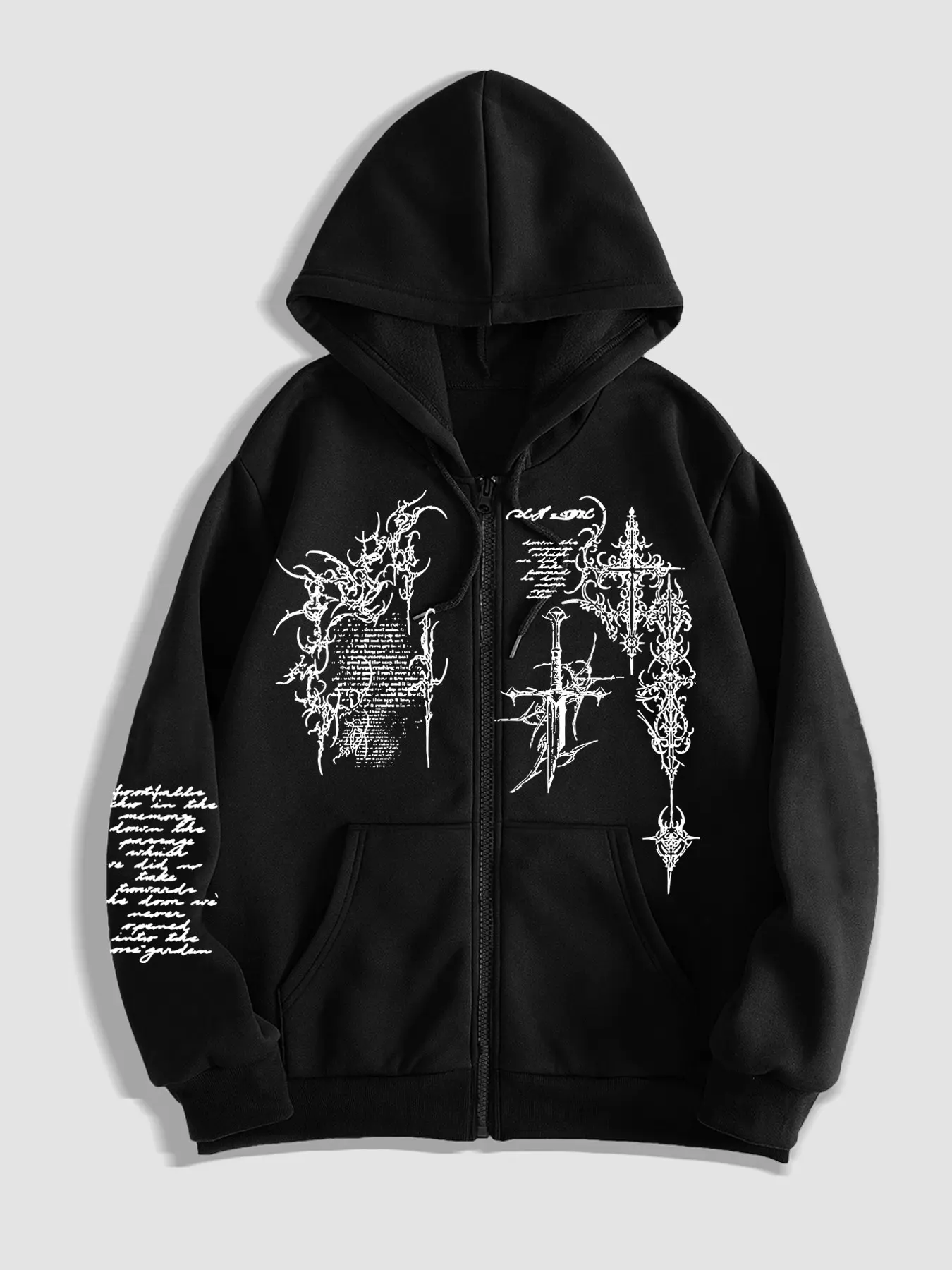 Dark Gothic Thorn Cross Print Hoodie for Men, Y2K Zip-Up Loose