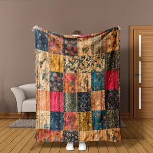 Colorful Vintage Floral Patchwork Blanket, Ultra-Soft Flannel Material, Tropical Elements, All-Season Sofa & TV Lounger, Home Office Travel Gift