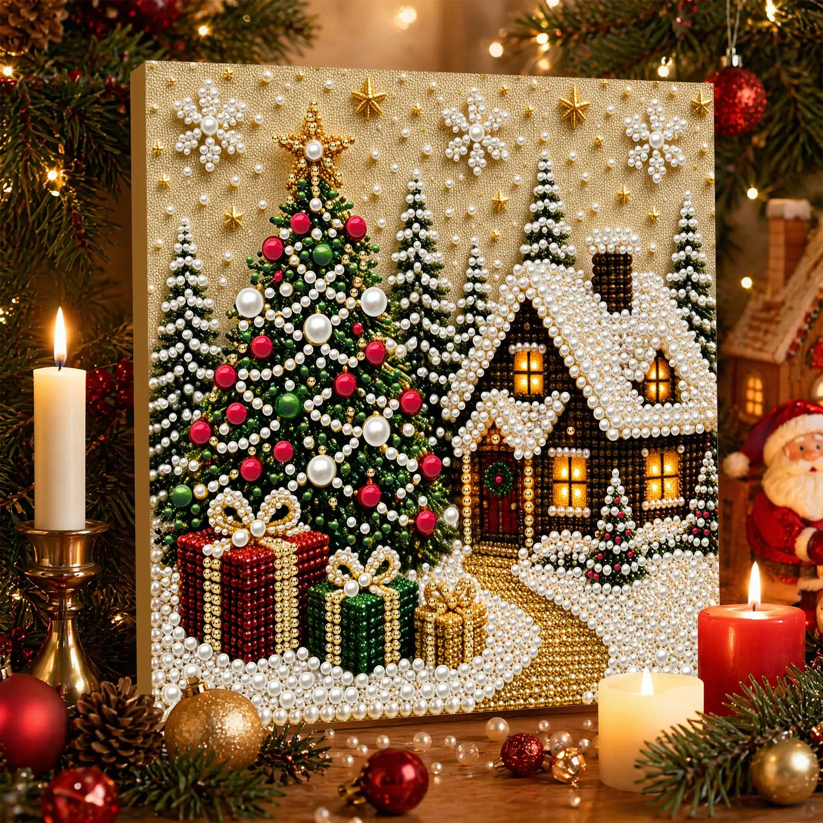 10‘’*10‘’DIY Christmas Pearl Diamond Painting Art Kit with Frame  3D Pearl Art Craft Kit, Christmas Pearl Beads Art Craft for Adults Beginner, Gemstone Diamond Dots Beads for Home Wall Decor