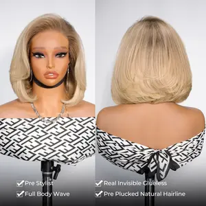 Alipearl Wig Layered Cut Bob Wig Ombre Blonde Pre Cut 13x4 Lace Front Wig Glueless Ready To Go Wig Human Hair 10 Inch