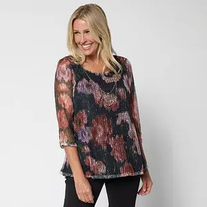 Nina Leonard Printed Mesh Knit Sequin Top with Detachable Necklace