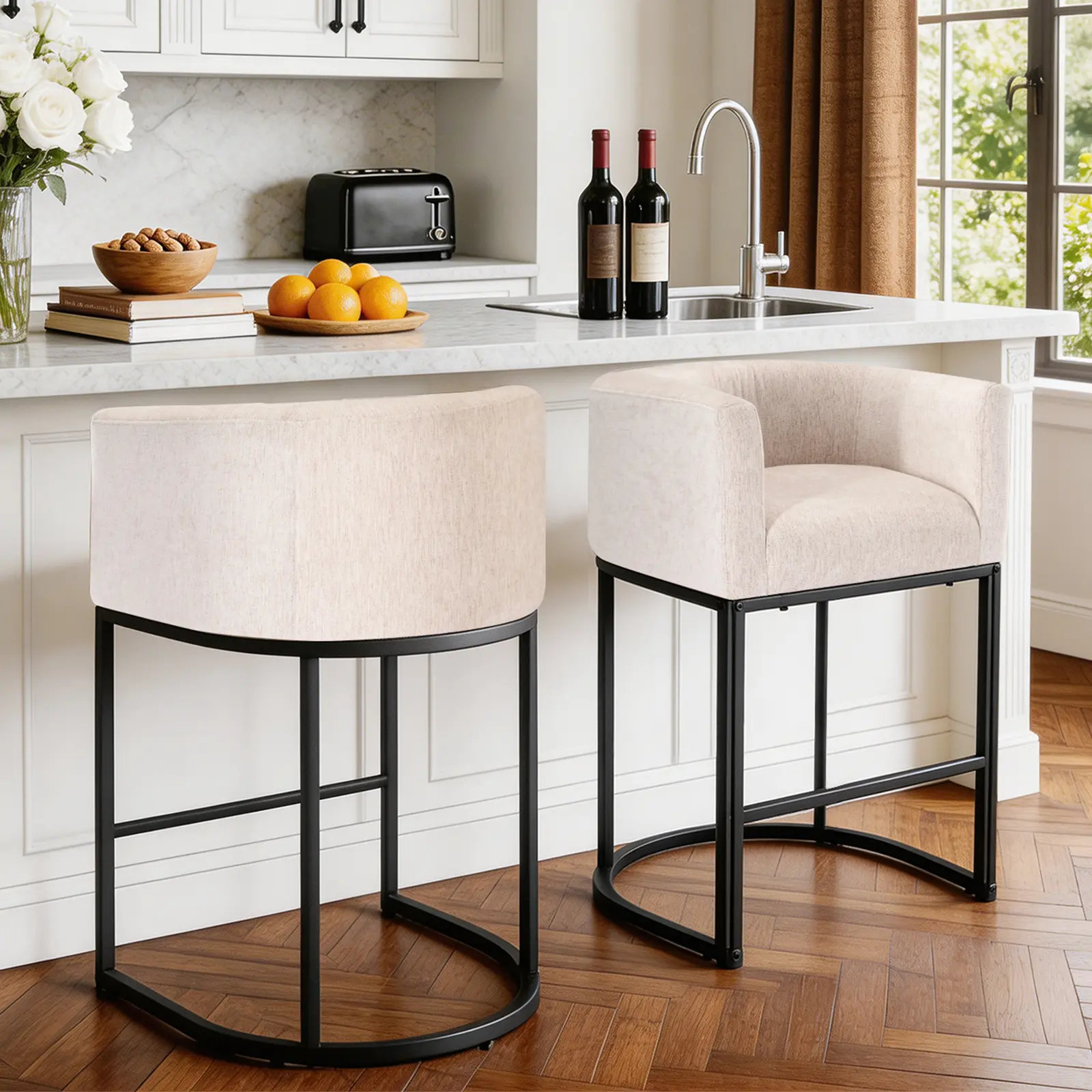 Barrel Shape Linen Counter Bar Stools, Upholstered Metal Leg Bar Chairs for Kitchen Island & Home Bar Barrel Shape Linen Counter Bar Stools, Upholstered Metal Leg Bar Chairs for Kitchen Island & Home Bar