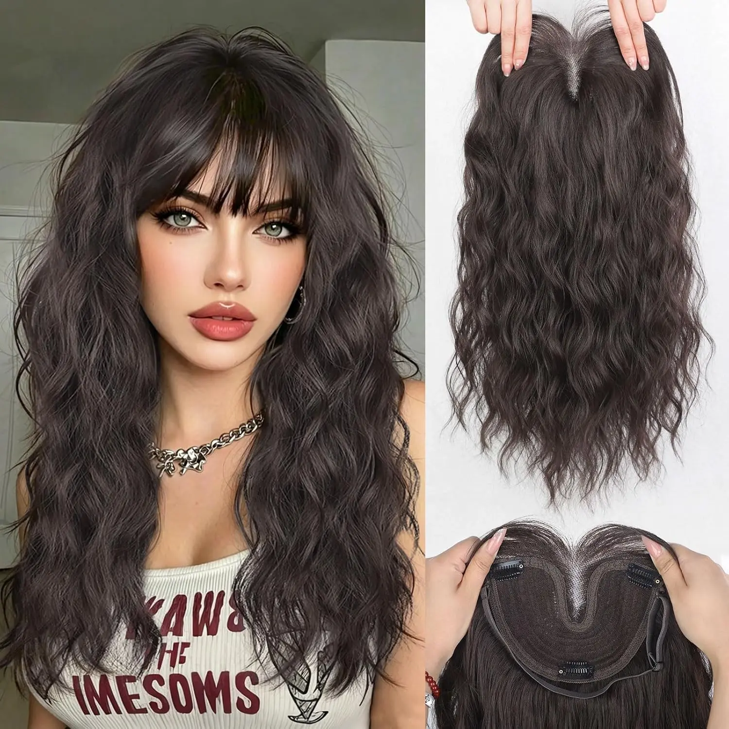 20Inch Dark Brown Wavy Hair Toppers,360° Hand-Knitted Breathable Clip Wiglets with Bangs,Lightweight Stamped Glorious Hair Pieces for Thinning Hair Women