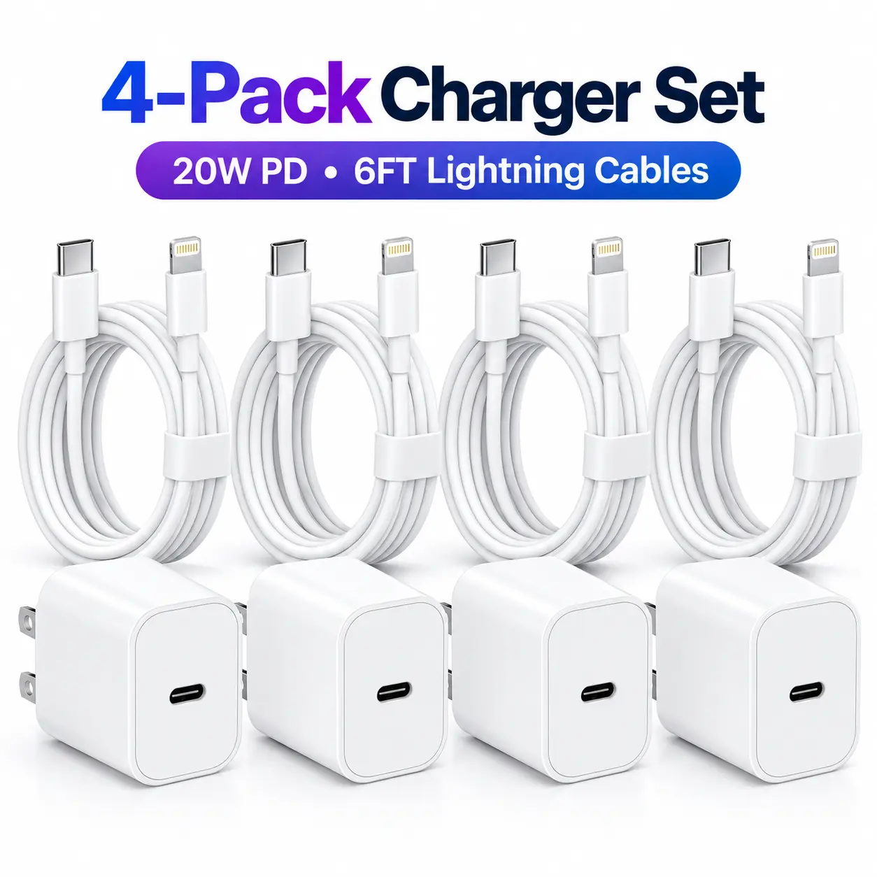 4-Pack USB-C Wall Fast Chargers (20W) with 6ft Length Long Cord USB-C to Lightning Cables for iPhone Users, Compatible with iPhone 18/17/16/15/14/13/12/11, iPad, AirPods