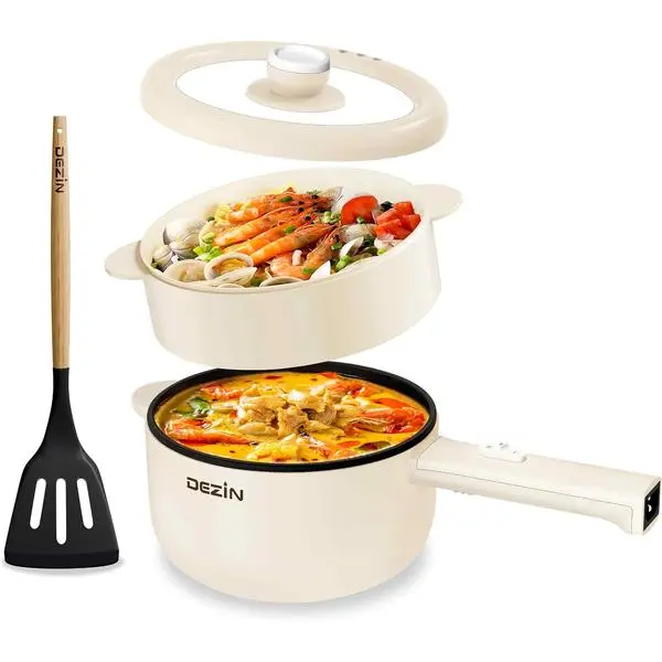 Dezin 2L Hot Pot Electric, Non-Stick Electric Pan, 700W Adjustable Power Electric Pot for Cooking/Steak/Egg/Fried Rice/Ramen/Soup, Portable Pot for Dorm/RV/Family/Travel/Camping, Include Spatula