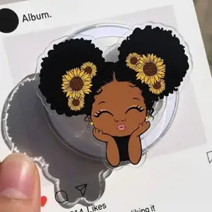 Cute Melanin Girl Phone Grip, Sunflower With Curly Hair Girl  Magnetic Phone Grip, Phone Accessories, Gift For Her