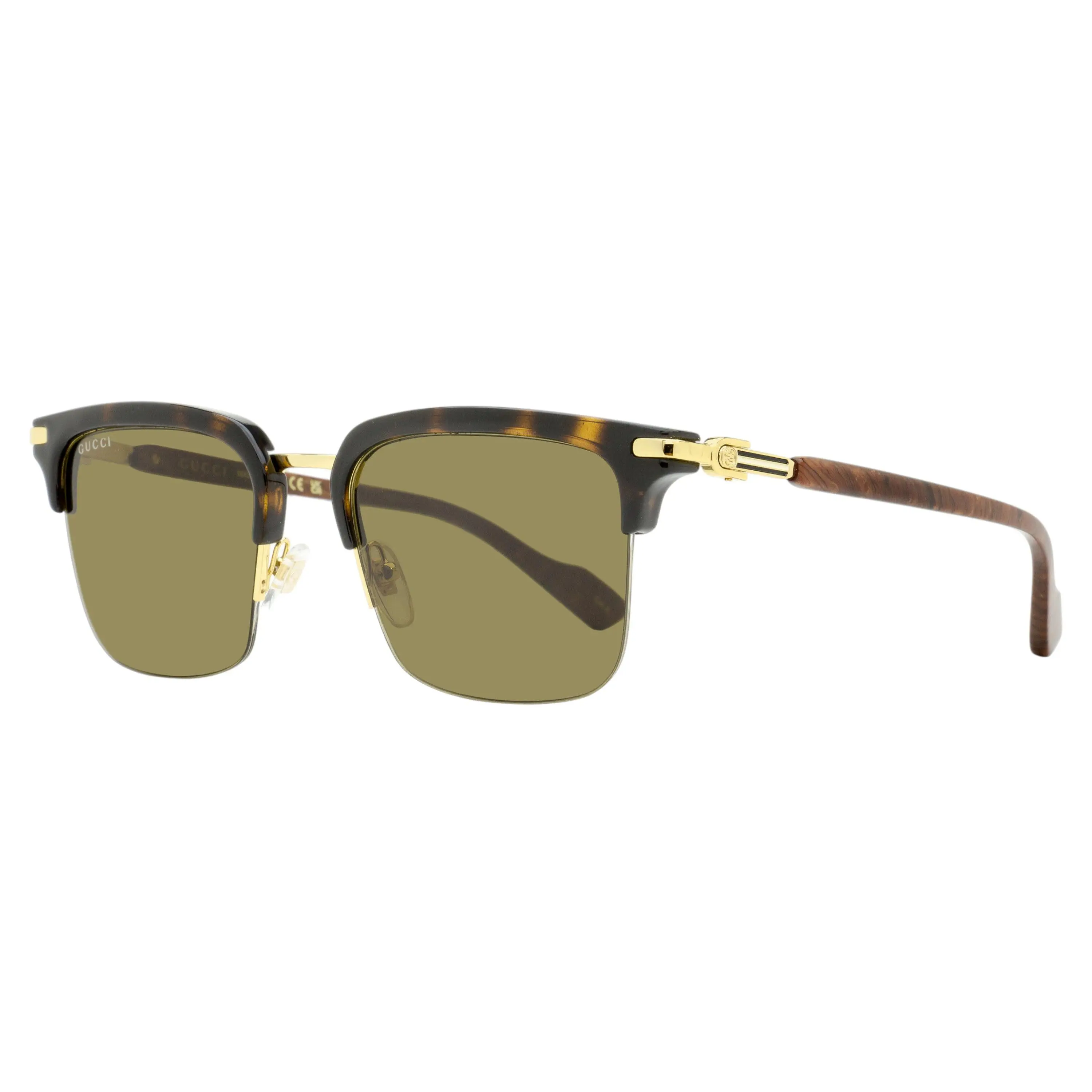 Gucci Chic Aesthetic Men's Half Rim Rectangular Sunglasses, GG1363S 002 Tortoiseshell/Gold Trim, 53mm Browline Eyewear