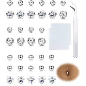 2025 Summer Fake Belly Piercing Cubic Zirconia Belly Button Rings Ear Lip Eyebrow Nose  Studs Fake Piercing Jewelry