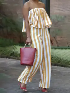 Striped Halter Top Set, Outfit, High-Waisted Wide-Leg Pants, Slimming Fit, Beach Vacation Party, Luxurious Holiday Style, Chic, Elegance