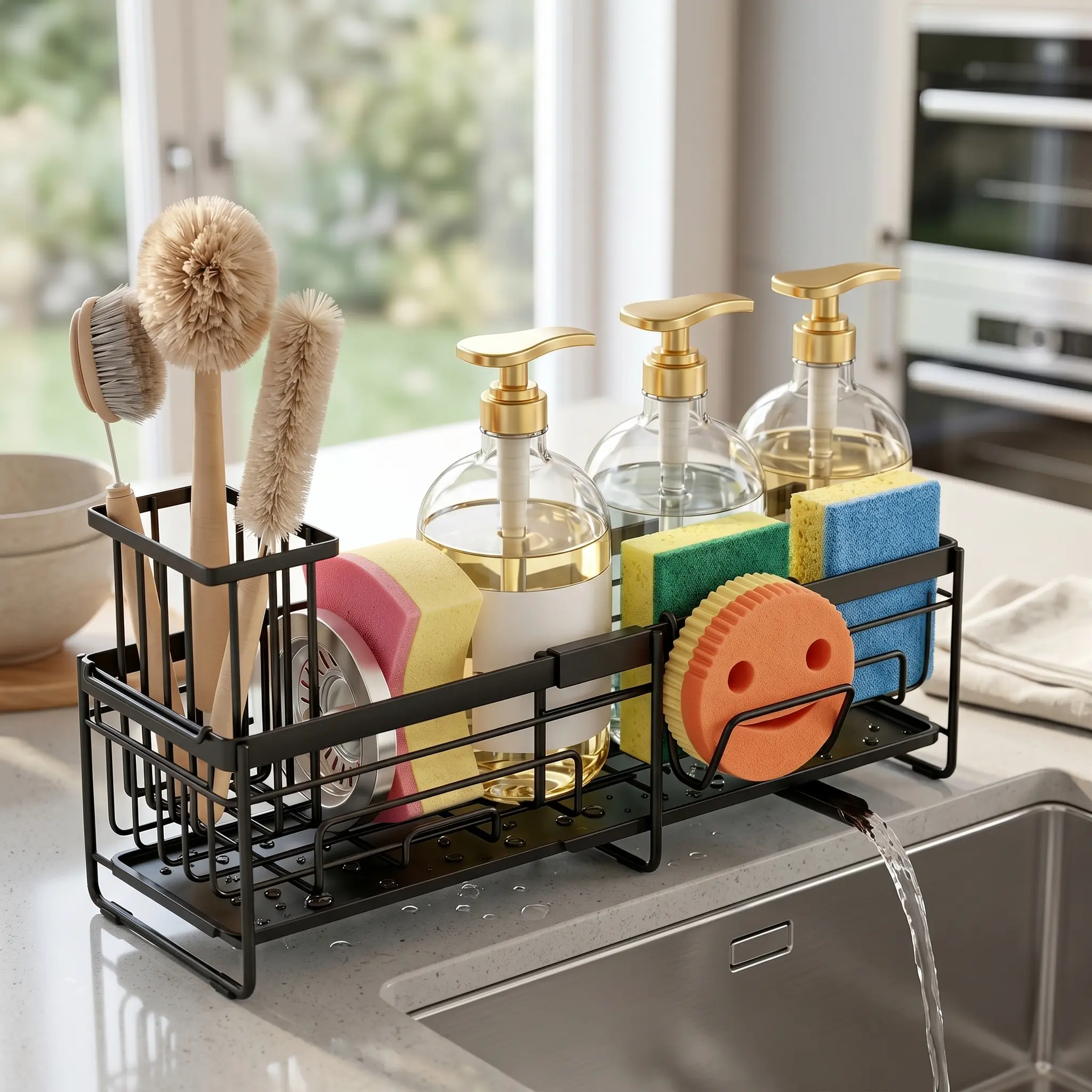 Stainless Steel Extra Large Expandable Kitchen Sink Sponge Holder - Rustproof Adjustable Metal Racks with High Brush Holder, Dish Soap Dispenser Organizer