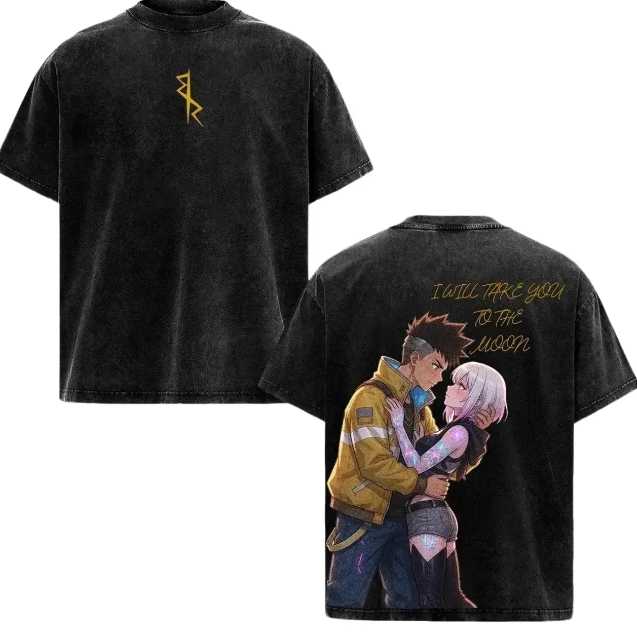 Cyberpunk Edgerunners David Lucy To The Moon Graphic Tee Oversized Vintage Washed Heavy Cotton T-Shirt Men Women Harajuku Anime Streetwear Faded Black Top Gamer Otaku Cosplay Y2K Alt Clothing TikTok Trending Casual Summer Fit High Def Vector Print S-5XL