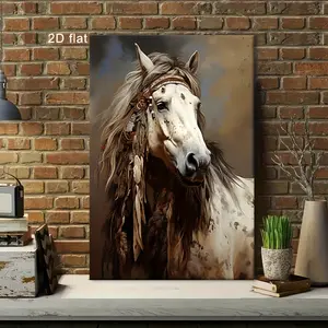 Native American War Horse Canvas Wall Art - Rustic Western Style Decoration with Feather Embellishments, Wooden Frame Poster Suitable for Living Room, Bedroom, Office - Vintage Tribal Home Decor Gift, Suitable for Halloween, Christmas, Valentine's Day - A