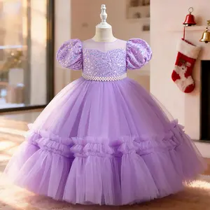 Girls Lavender Tulle Lace Princess Style Dress for Wedding Birthday Celebration with Sequin Embellishments