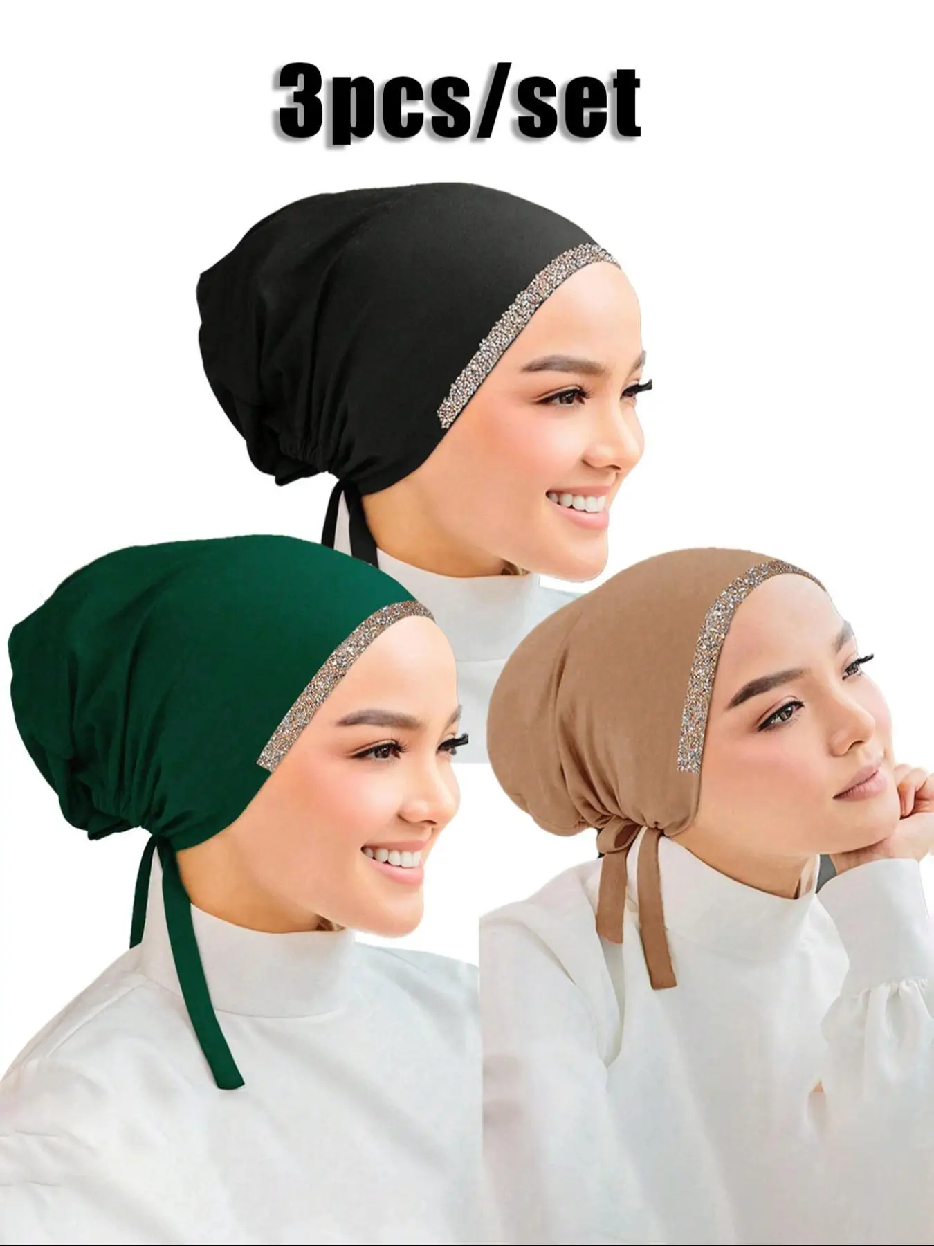 Women's Solid Color Rhinestone Decor Instant Hijab, Modest Fashionable Hijab for Daily Wear, Women's Islamic Clothing for Muslim All Seasons