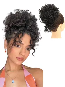 Short Curly Drawstring Ponytail Wig, Loose Bun Style, Thick Wave Synthetic Fiber, Colors, Party Daily Wear, Easy to Wear