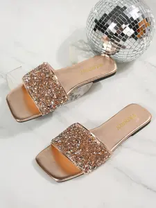 Women's Summer Glitter Flat Sandals, Comfortable Casual PU Leather Slippers, Soft Sole, Less Than Ankle Height, Large Size Available