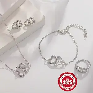 S925 Sterling Silver Double Heart Inlaid Rhinestone Jewelry Set, Necklace, Bracelet, Ring, Earring Combination Set, With A Design That Is Light Luxury, Simple And Gentle For Brides, Suitable For Daily Wear, And The First Choice For Holiday Gifts