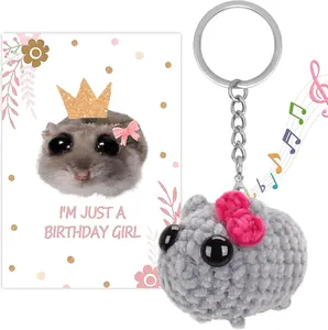 Sad Hamster Meme Bow Keychain with Sound Adorable Hand-Knitted Sad Hamster Plush with Gift Card for Women Girls Birthday