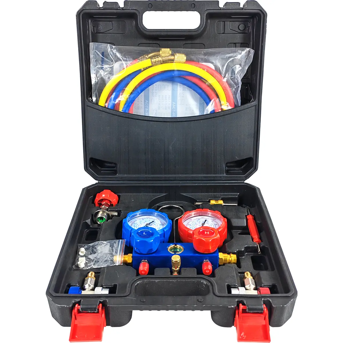 AC Manifold Gauge Set for R134a R22 R410A Refrigerant, 3 Way HVAC Gauges with 5FT Hoses, Couplers & Adapters, Freon Charge Kit for Car & Home AC