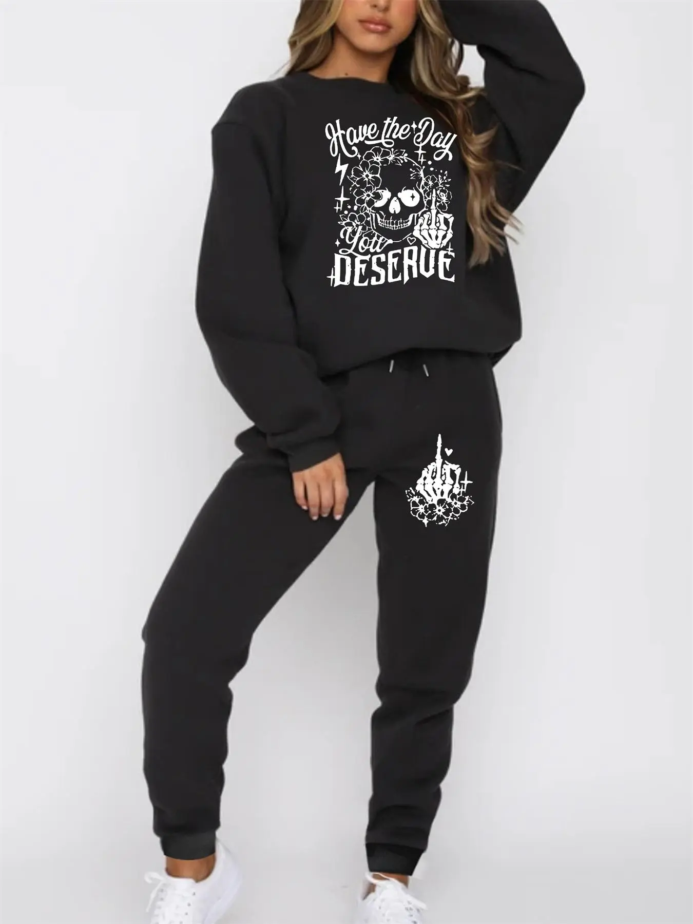 【Plus Size】 Two-Piece Set Skull Letter Print Sweatshirt & Drawstring Waist Sweatpants Set, Casual Fashion Cozy Round Neck Long Sleeve Pullover & Pocket Pants, Women's Two-piece Outfits for Daily Wear