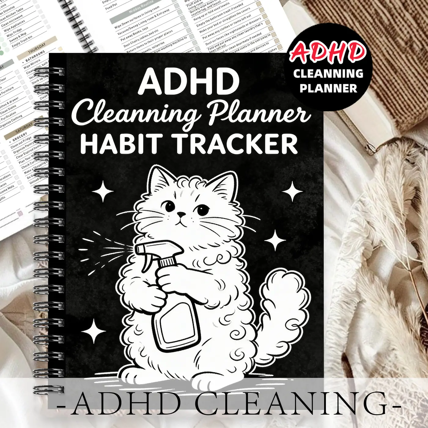 1pc ADHD Cleaning Planner Themed Subject Notebook, Cat Motivational Style - for Housewives, Featuring Fluffy Cats and Spray Bottle Star Patterns. Record Cleaning Habits. Habit Tracking Book, Daily Planner. 5.5x8.3 Inch Notebook