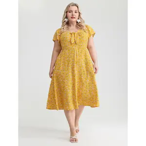 BLOOMCHIC Bohemian Lady's Plus Size Polyester Knotted Front Daisy Floral Print Midi Dress - Short Sleeve, Smooth Fabric, Side Pocket, M-6X Sizing, 2026 Summer Swimweek Spotlight, Fit Design, Turmeric Accent Deals