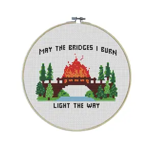 Bridges I Burn Premium Cross Stitch Kit - EVERYTHING INCLUDED - 8 Inch Hoop, Needle, DMC Thread, Fabric, and Easy-to-Follow Instructions