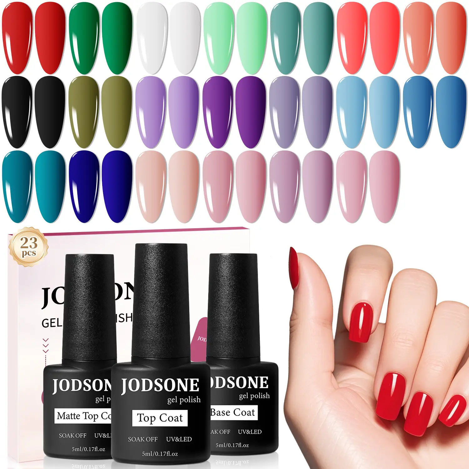 JODSONE 23 PCS Gel Nail Polish Set with Base Glossy and Matte Top Coat Multicolored Long Lasting Suitable for All Seasons