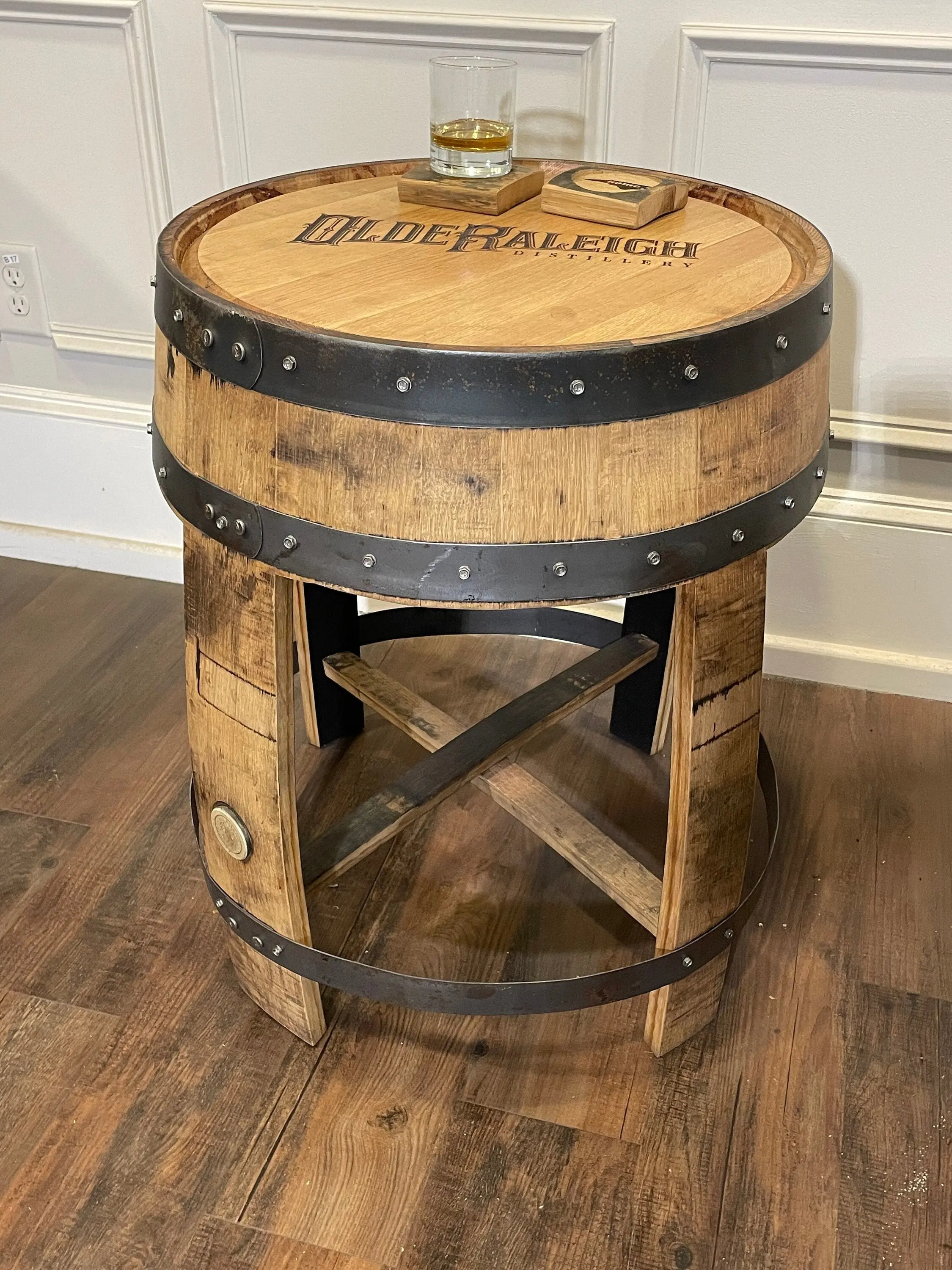 Whiskey Barrel End Table - Custom Engraving Available, Reclaimed Rustic Design, 24" Round, 23.5" Tall, Unique Character Piece for Living Room or Man Cave