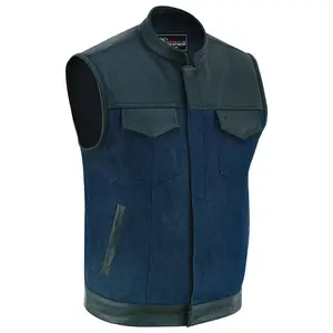 Mens Blue Motorcycle Denim Vest SOA Club Vest with Leather trims
