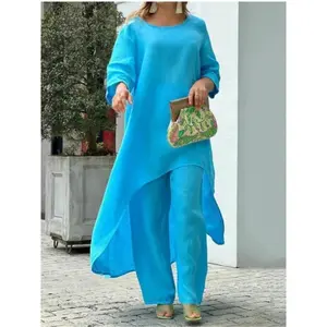 Women's Cotton Linen Long Pants Sets Solid Casual Irregular Tops Wide Leg Pant Suits Office Lady Two Piece Sets Womenswear Fit Chic Tailored Asymmetrical Functional Fabric Breathable Lightweight Blue Clothes Navy Pockets