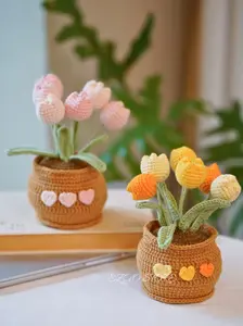 Crochet Tulip Flower Pots – Handmade Yarn Planters for Desk Shelf Home Decor – Gift for Mom Girlfriend Friend Birthday