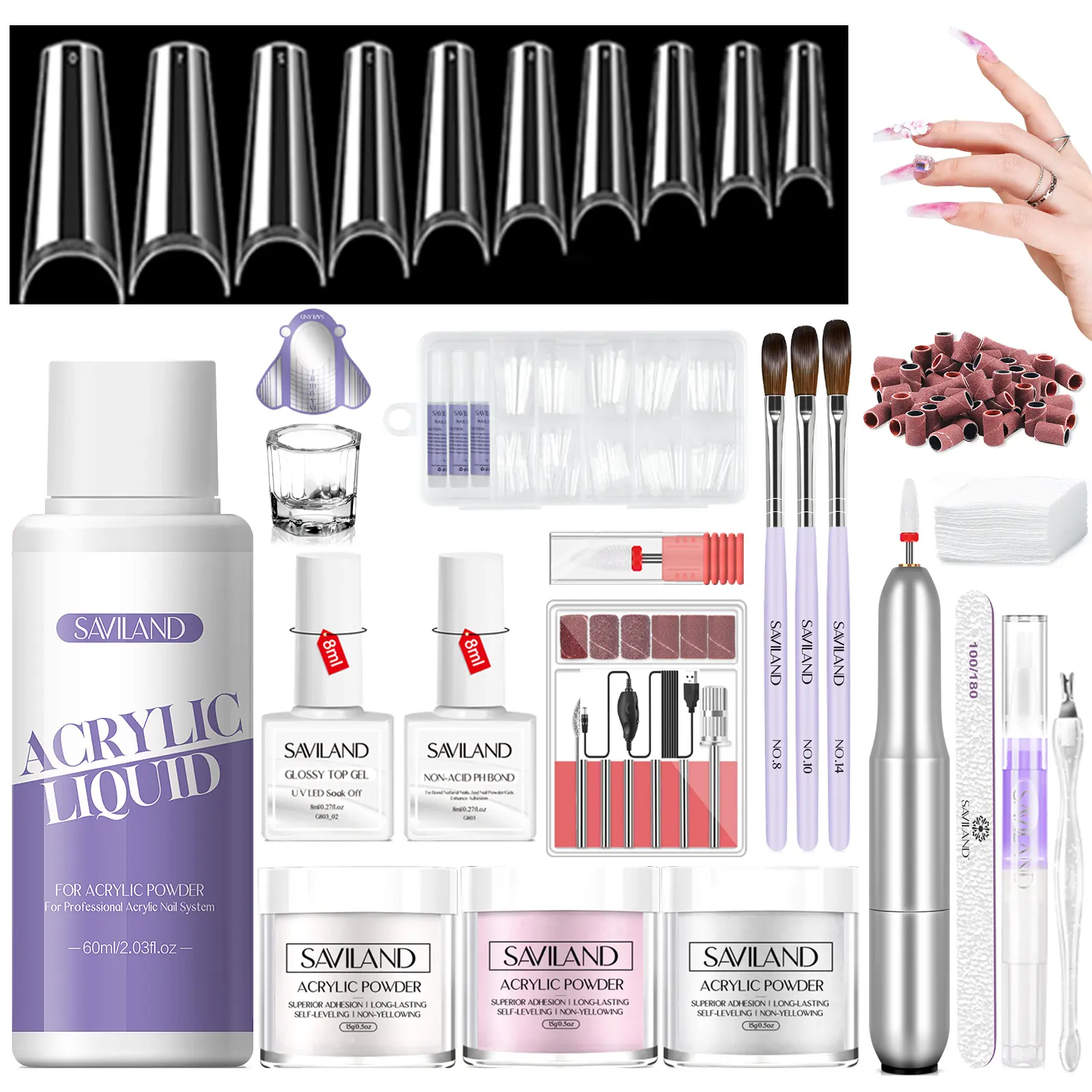 Clear White & Pink Acylic Powder with Nail Drill