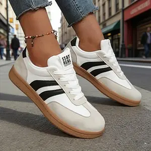 Women’s Retro Low Top Sneakers Classic Casual Lace Up Shoes Gum Sole Trainers Comfortable Walking Shoes Fashion Street Style Lightweight Breathable Sneakers Non Slip Everyday Shoes for Travel Work Outdoor Trendy Vintage Stripe Design Sneakers for Women