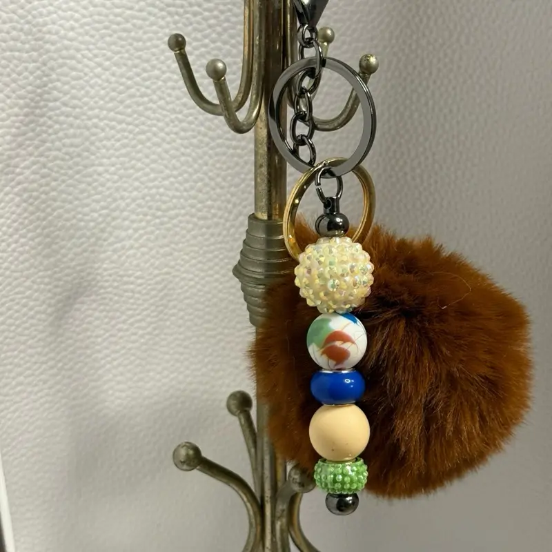 Handmade Multicolor Bead Keychain with Brown Pom - Unique Accessory for Keys and Bags