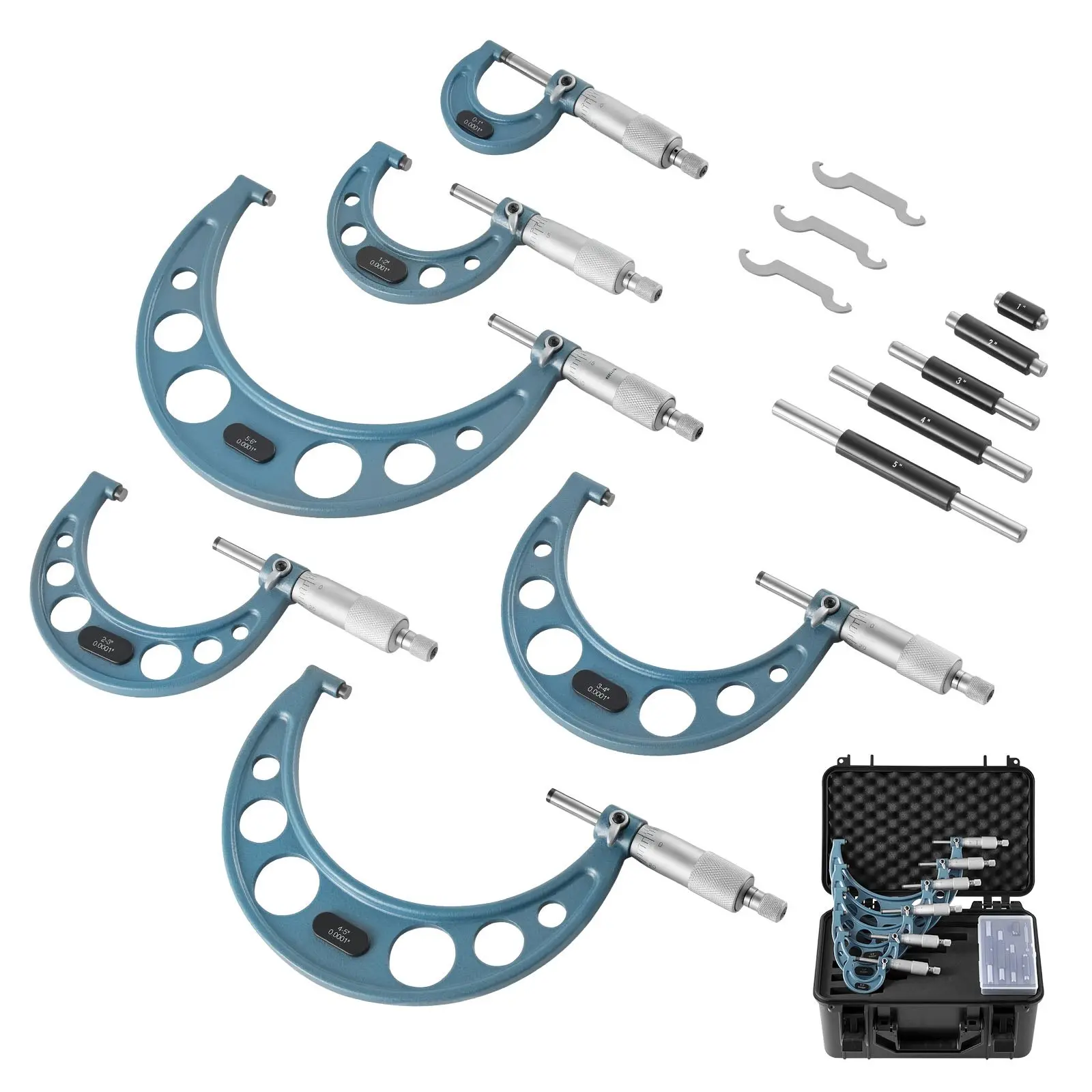 VEVOR 6-Piece Machinist Outside Micrometers Set, 0-1/1-2/2-3/3-4/4-5/5-6 in Range, 0.0001 Accuracy Precision Tool with Protective Case, for Metalworking Engineering (Home Improvement & Building Supplies), Metal, Machinists, 6 Pcs