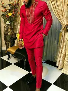 Traditional Muslim African Style Men's Wedding Suit Set, Round Neck Long Sleeve Top and Pants, 2 Piece Set, Formal Wear, Embroidery