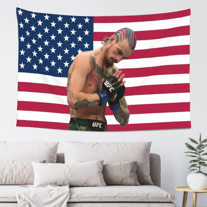 Tapestry Wall Banner, Soft Tone Art Figure Flag Print for Bedroom Indoor Room DecorCustom Aesthetic Sean O'Malley Tapestry - 40x60in Americana Sports Figure & USA Flag/Anime Letter Print, Personalized Living Room Wall Decor, Tapestry Wall Hanging for True