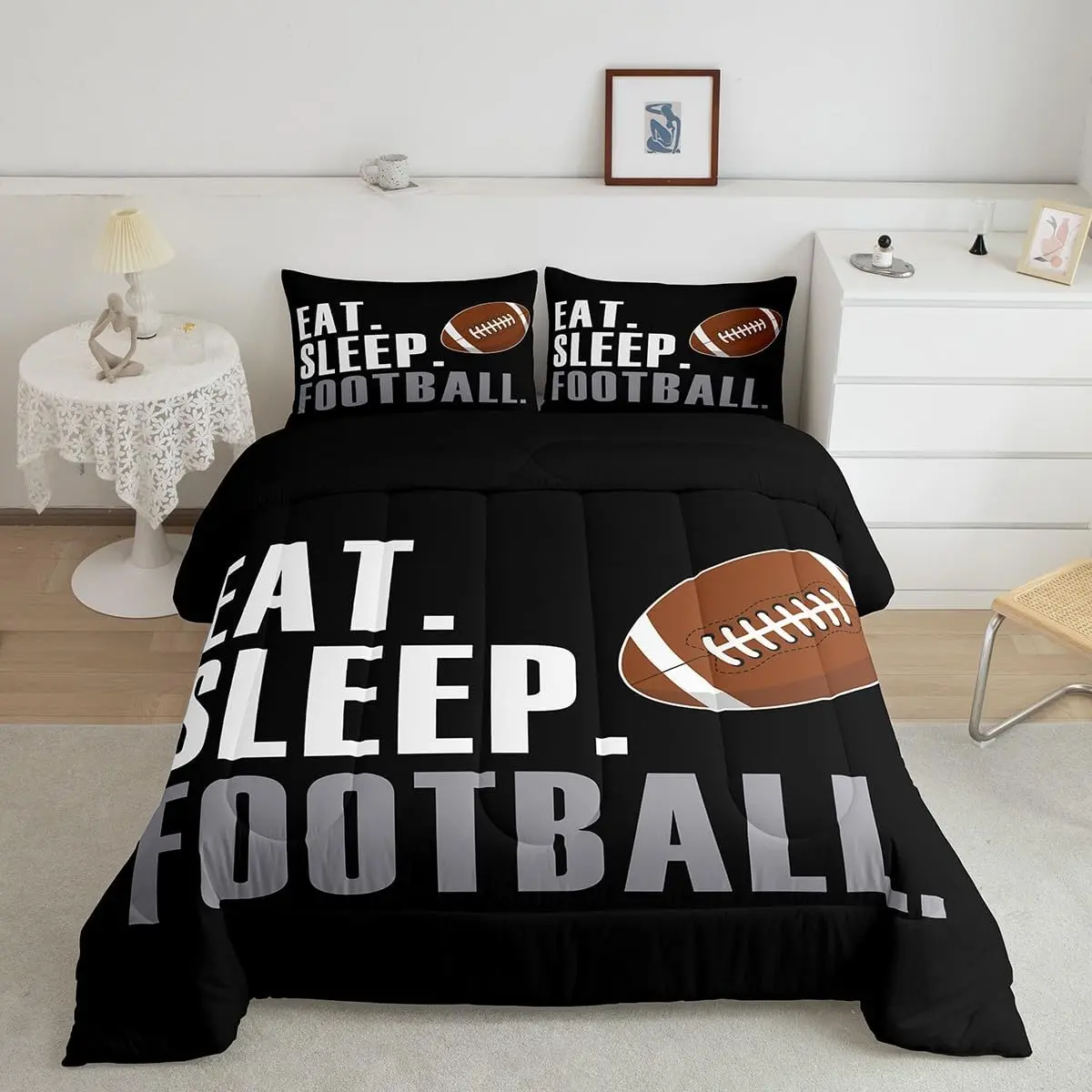 Football Comforter Set Rugby Sports Bedding Set Black Sports Ball Game Comforter Gift for Football Lover Duvet Set Super Soft Microfiber 1