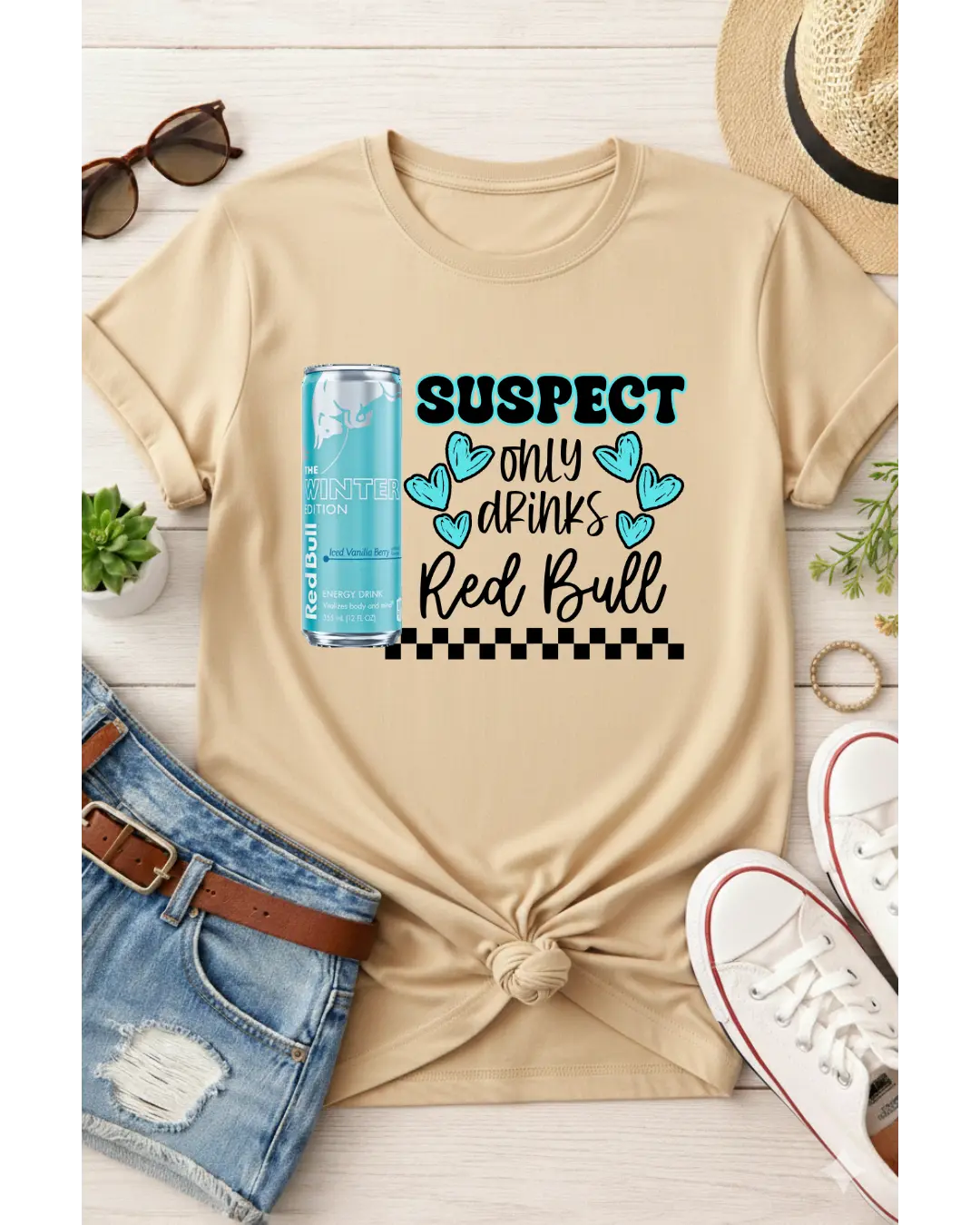 Suspect Only Drinks Red Bull T-Shirt - Casual Comfort with Playful Graphic & Knotted Front for Modern Look